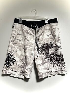 Affliction Men's White Camo Skull Wing Swim Board Shorts